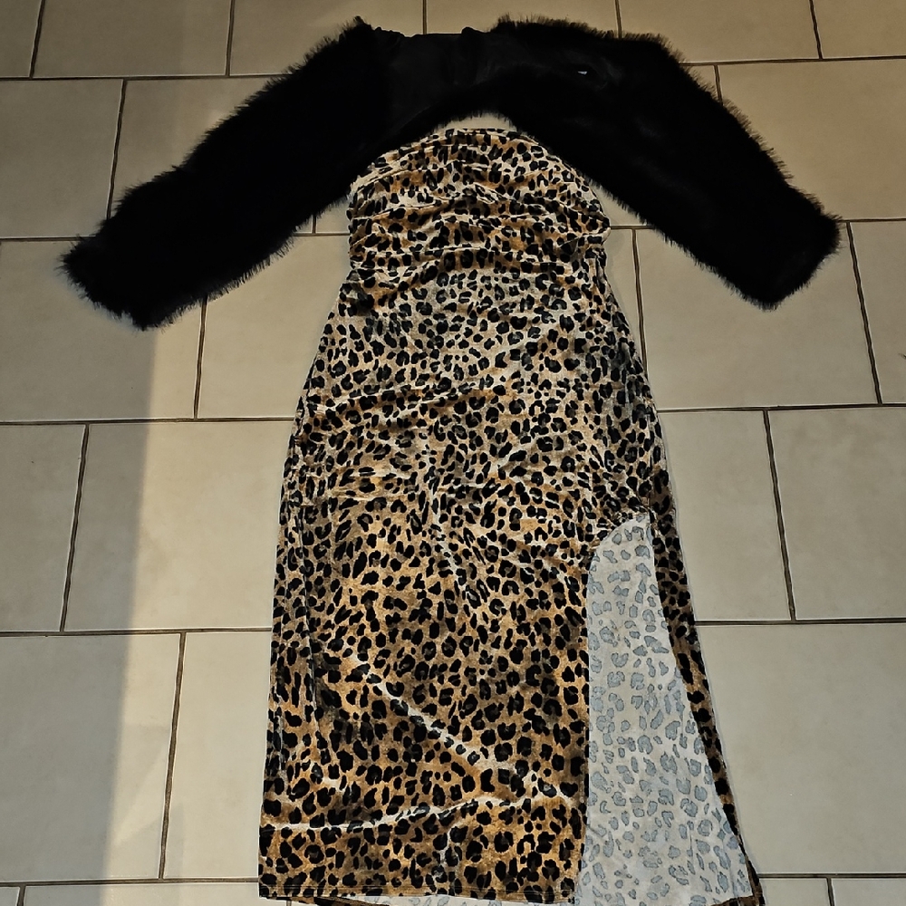 Wild Fable Leopard Print Maxi Dress with Black Fur Sleeves